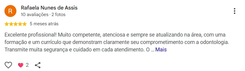 Avaliação 5 de paciente no Google
